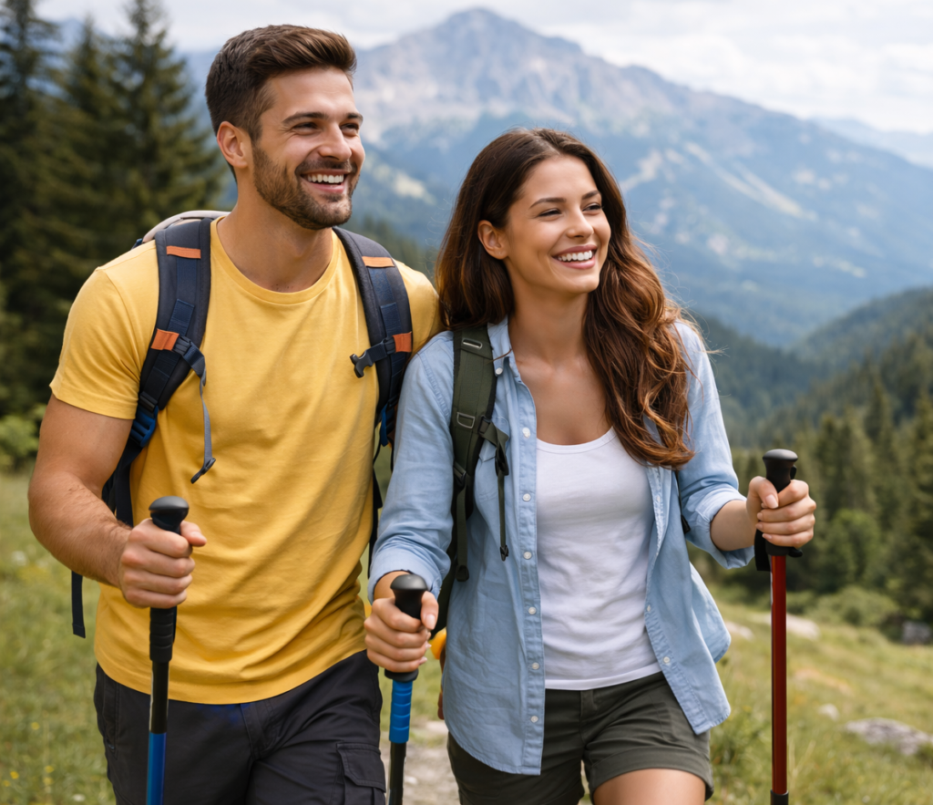 couple en randonnée en montagne activité extérieur en couple